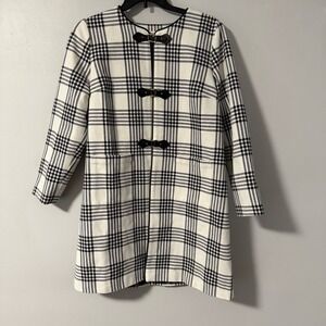 Girl With Curves Plaid Coat Black Ivory Faux Leather Trim‎ Buckle Women's 14